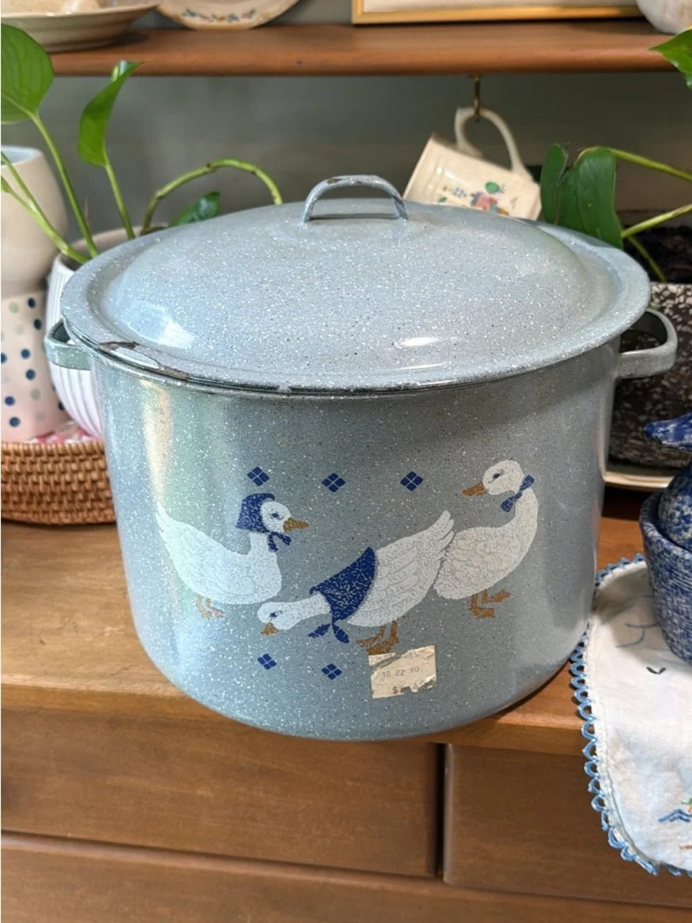 Blue Speckled Goose Enamel Stockpot with Lid - Blue